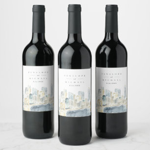 Hochzeit von Watercolor New York City Skyline Weinetikett
