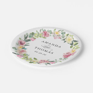 Hochzeit von Watercolor Pastel Blush Bloral Wreath Pappteller