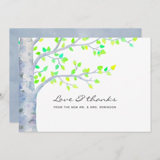 Hochzeit von Watercolor Spring Birch Tree Dankeskarte (Vorne/Hinten)