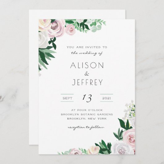 Hochzeit von Watercolor, weißes grünes Rosa Einladung (Vorne/Hinten)
