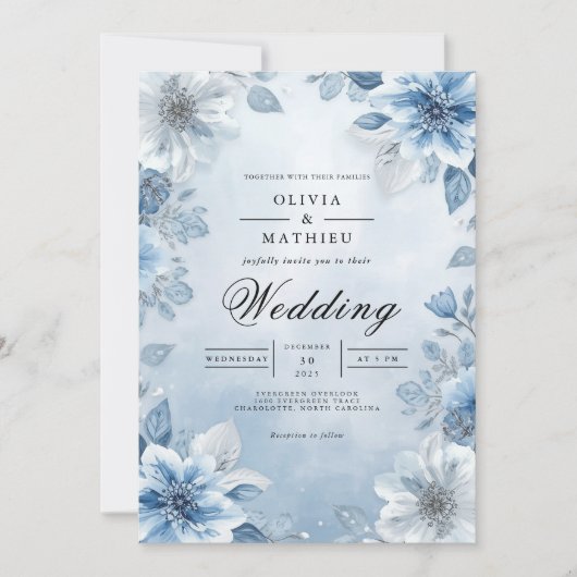 Hochzeit von weichblauer Flora Einladung (Vorderseite)