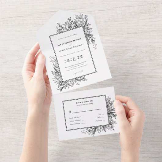 Hochzeit von Weiß und Schwarz All In One Einladung (Abreißen)