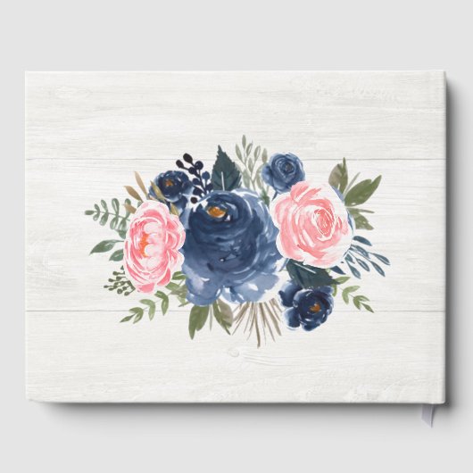 Hochzeit von weißem Holz Rosa Navy Blue Peony Gästebuch (Rückseite)