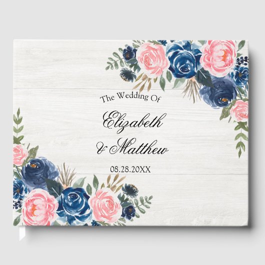 Hochzeit von weißem Holz Rosa Navy Blue Peony Gästebuch (Vorderseite)