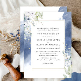 Hochzeit von weißer, blaublauer Wasserfarbe Einladung
