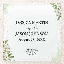 Hochzeit von weißer grüner Wasserfarbe Glasuntersetzer