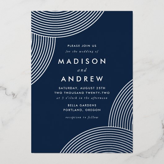 Hochzeit von Wirbel der Marine und Silver Geometri Folieneinladung (Vorderseite)