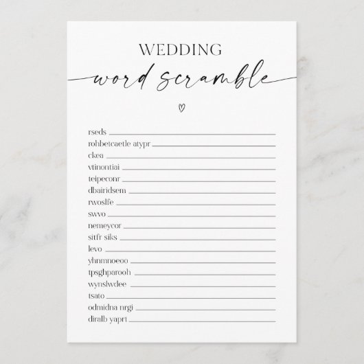 Hochzeit von Word Scramble Brautparty Programm (Vorderseite)