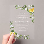 Hochzeit von Zitronenblättern Acryleinladungen<br><div class="desc">Ein wunderschönes Blumendesign mit handgemalten Zitronen,  Blätter und Blume. Der Text kann zusammen mit anderen Features dieser Vorlage bearbeitet werden.</div>