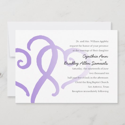 Hochzeit von zwei einfachen Herzen Lila Einladung (Vorderseite)