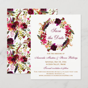 Hochzeit Vormerkung - Burgunder Floral, Federn Einladung