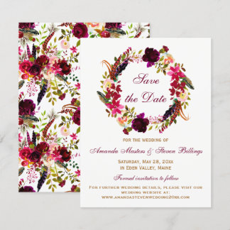 Hochzeit Vormerkung - Burgunder Floral, Federn Einladung