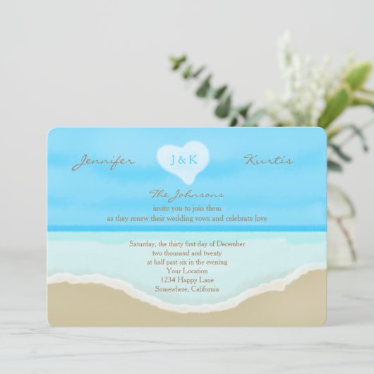 Hochzeit Vow Renewal Watercolor Beach Blue Einladung (Stehend Vorderseite)