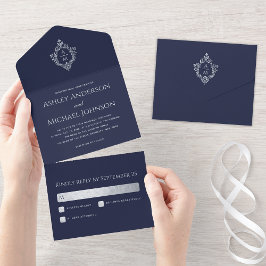 Hochzeit Wappen Navy Blue Imitats Silberstreifen V All In One Einladung