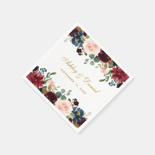 Hochzeit Wasserfarbe Bläserne Burgundy Blue Gold Serviette (Ecke)