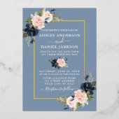 Hochzeit Wasserfarbe Blumenrosa Dusty Blue Gold Folieneinladung (Vorderseite)