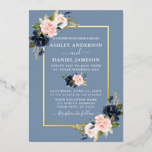 Hochzeit Wasserfarbe Blumenrosa Dusty Blue Gold Folieneinladung (Vorderseite)