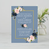 Hochzeit Wasserfarbe Blumenrosa Dusty Blue Gold Folieneinladung (Stehend vorne)