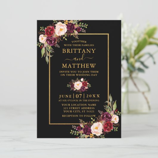 Hochzeit Wasserfarbe Burgund Bläserschwarz Gold Einladung (Stehend Vorderseite)