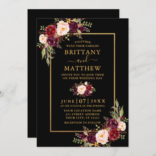 Hochzeit Wasserfarbe Burgund Bläserschwarz Gold Einladung (Vorne/Hinten)