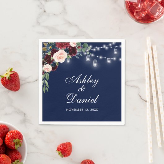 Hochzeit Wasserfarbe Burgundy Blaue Blumenlampen Serviette (Beispiel)