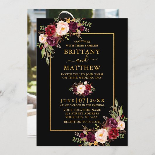 Hochzeit Wasserfarbe Burgundy Foto Schwarz Einladung (Vorne/Hinten)