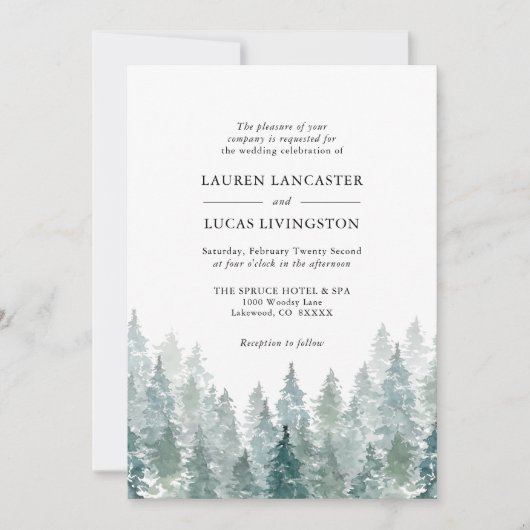 Hochzeit Wasserfarbe Rustikale Pinienwälder Grün Einladung (Vorderseite)