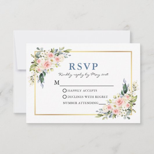 Hochzeit Wasserfarbe Weiß Rosa Blütenblau RSVP Karte (Vorderseite)