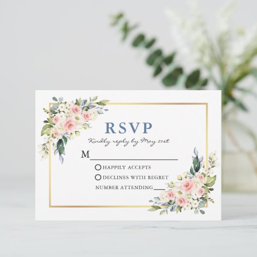 Hochzeit Wasserfarbe Weiß Rosa Blütenblau RSVP Karte (Stehend Vorderseite)