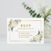 Hochzeit Wasserfarbe Weiße Blütenblüte Blau Gold RSVP Karte (Stehend Vorderseite)