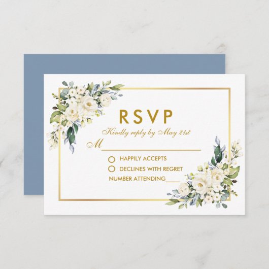 Hochzeit Wasserfarbe Weiße Blütenblüte Blau Gold RSVP Karte (Vorne/Hinten)