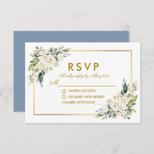 Hochzeit Wasserfarbe Weiße Blütenblüte Blau Gold RSVP Karte