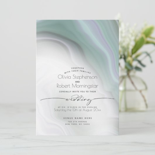 HOCHZEIT | Weiche Misty Jade und violetter Marmor Einladung (Stehend Vorderseite)