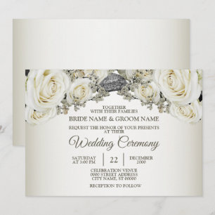 Hochzeit Weiß Floral Grünzeug Beige Elegant Modern Einladung