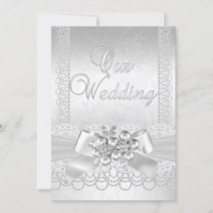 Hochzeit Weiß Silber Perle Spitze Damast Diamant 2 Einladung