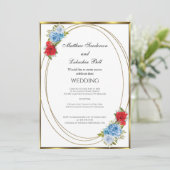 Hochzeit White Blue Red Blume Gold Elegant Einladung (Stehend Vorderseite)