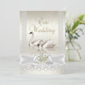 Hochzeit White Swans Cream Pearl Lace Damask Einladung (Stehend Vorderseite)