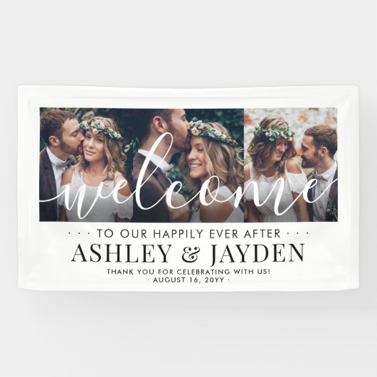 Hochzeit Willkommen Einfaches Chic Script 3 Foto C Banner (Horizontal)