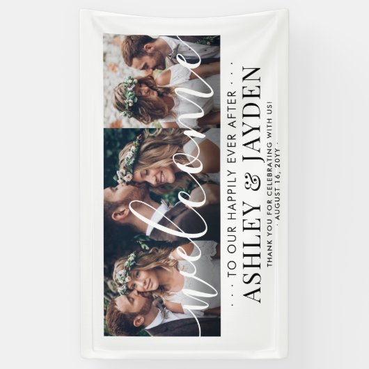 Hochzeit Willkommen Einfaches Chic Script 3 Foto C Banner (Vertikal)