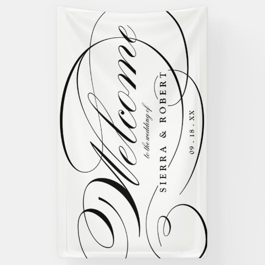 Hochzeit Willkommen Elegantes Script Schwarz und W Banner (Vertikal)