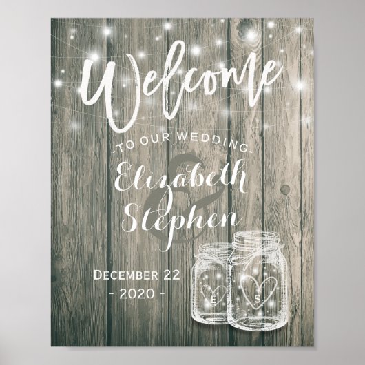 Hochzeit Willkommen Rustic Wood Mason Jar String L Poster (Vorne)
