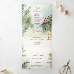Hochzeit Winter Wasserfarbene Vegetation Dreifach Gefaltete Einladung