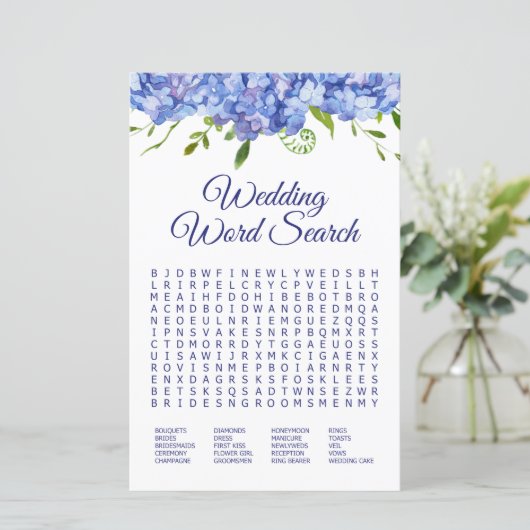 Hochzeit Word Search Blue Hydrangeas (Stehend Vorderseite)