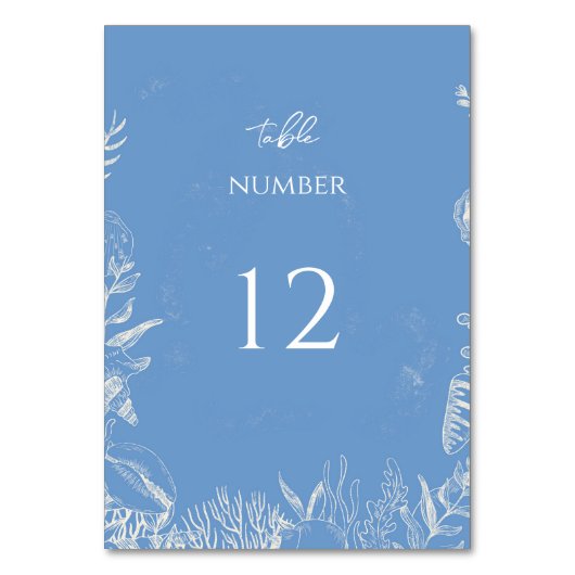Hochzeit zum Thema Blauer Toiler Ozean Tischnummer (Vorderseite)