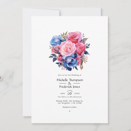 Hochzeit zwischen Rosa und Blauen Flora Einladung (Vorderseite)