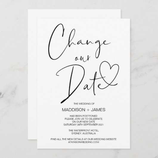 Hochzeitaufschiebung, Ändern Sie unser Datum Hochz Einladung (Vorne/Hinten)