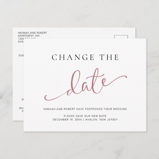 Hochzeitaufschub Ändern Sie die Rose des Datums Sc Ankündigungspostkarte (Vorne/Hinten)