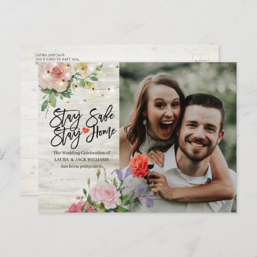 Hochzeitaufschub Bleibe Zuhause und Bleibe sichere Ankündigungspostkarte (Vorne/Hinten)