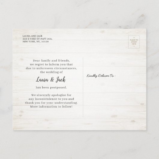 Hochzeitaufschub Bleibe Zuhause und Bleibe sichere Ankündigungspostkarte (Rückseite)