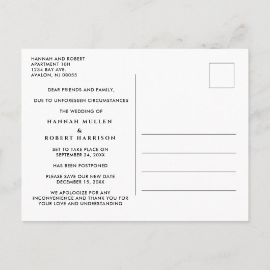 Hochzeitaufschub & Neues Date Herzstück Schwarz-we Ankündigungspostkarte (Rückseite)